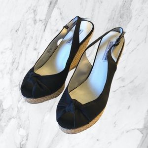 STEVE MADDEN P-Valyn Black Satin Peep Toe Wedges